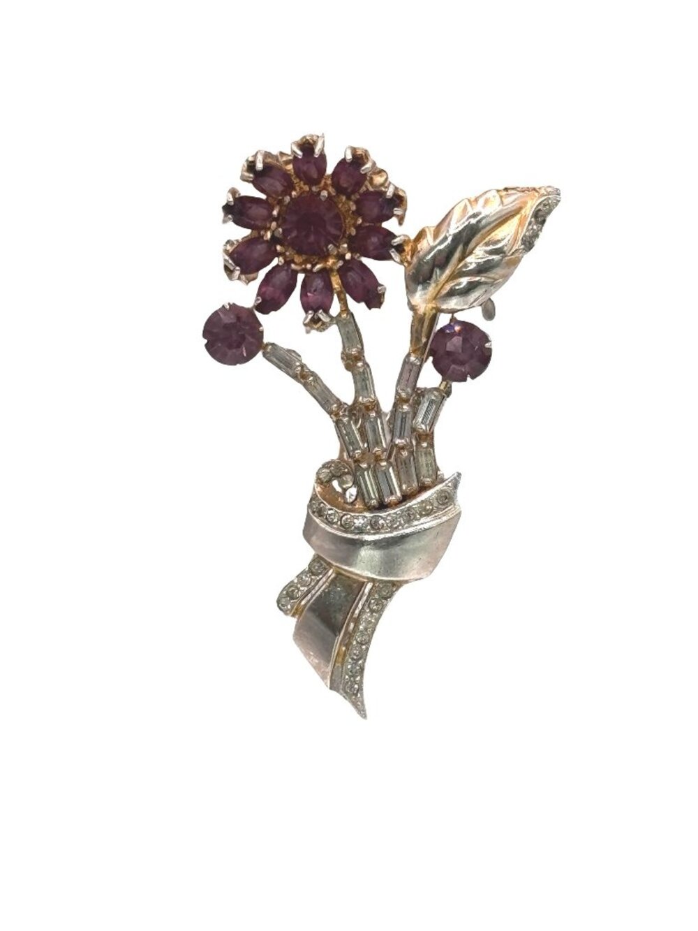 Vtg Floral Brooch Amethyst Glass Purple Rhinestones Baguettes 2.5" Daisy Flower